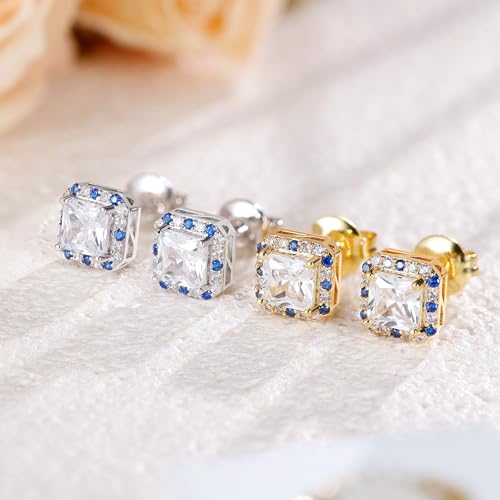 Titanium Stud for Sensitive Ears, Gold Plated Halo Cubic Zirconia Earrings - color: Square White Stud