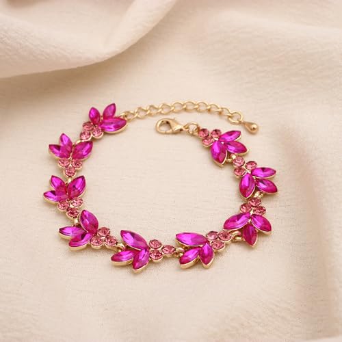 Bridal Wedding Crystal Leaf Choker Necklace Dangle Earring Bracelet Brides Bridesmaid Jewelry Set for Women - color: Fuchsia-Gold Plated