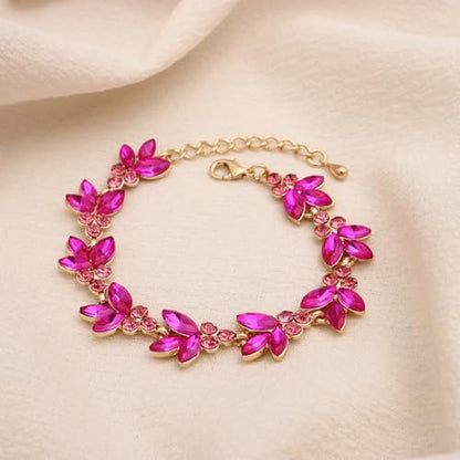 Bridal Wedding Crystal Leaf Choker Necklace Dangle Earring Bracelet Brides Bridesmaid Jewelry Set for Women - color: Fuchsia-Gold Plated