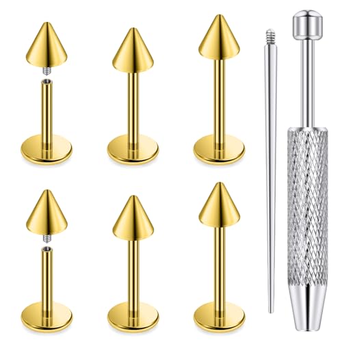 Internally Threaded Labret Studs 18G 16G 14G Surgical Steel Lip Piercing Jewelry with Claw Tool Monroe Snake Bite Jewelry Flat Back Barbell for Women Men Plus Piercing Ball Grabber Tool - color: goldtone, size: 18g,spike end