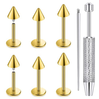 Internally Threaded Labret Studs 18G 16G 14G Surgical Steel Lip Piercing Jewelry with Claw Tool Monroe Snake Bite Jewelry Flat Back Barbell for Women Men Plus Piercing Ball Grabber Tool - color: goldtone, size: 18g,spike end