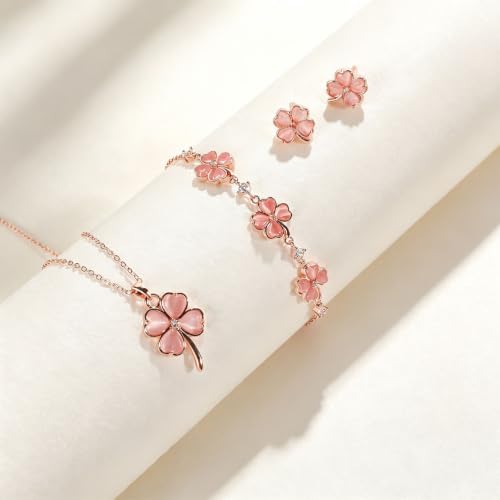 NEWITIN 4 Pcs Pink Jewelry Set for Women Lucky Necklace Bracelet Earrings | Hypoallergenic, Rose Gold Plated, Pink Cat Eye Stone, Four-Leaf Clover Necklace Bracelet Earring, Lucky Jewelry Set for Women