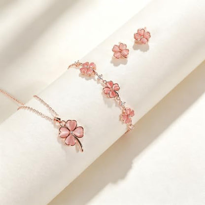 NEWITIN 4 Pcs Pink Jewelry Set for Women Lucky Necklace Bracelet Earrings | Hypoallergenic, Rose Gold Plated, Pink Cat Eye Stone, Four-Leaf Clover Necklace Bracelet Earring, Lucky Jewelry Set for Women