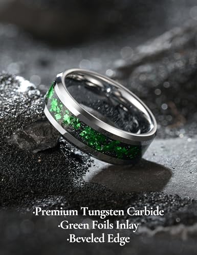 King Will Mens Wedding Band with Foils Inlay, Black/Silver/Gold | Black, 6mm/8mm, Beveled Edge, Comfort Fit, Glowstone Ring, Everyday Wear - color: Silver&Green-8mm