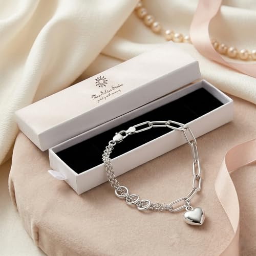 925 Sterling Silver 6mm Paperclip Bracelet for Women with Heart Charm - Mixed Link Chain Design, Lobster Clasp, Size 7" 8" 9", Gift Box - size: Medium - 8 Inches