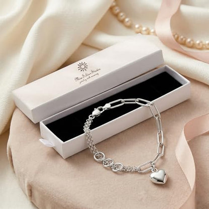 925 Sterling Silver 6mm Paperclip Bracelet for Women with Heart Charm - Mixed Link Chain Design, Lobster Clasp, Size 7" 8" 9", Gift Box - size: Medium - 8 Inches