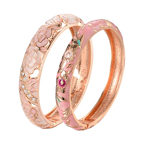 UJOY Cloisonne Bangle Colorful Enamel Filigree Rose Flower Hollowed Crystal Bracelet for Women Gifts 88A09 - color: C06-2 Pcs Set/Rose-Cream Pink
