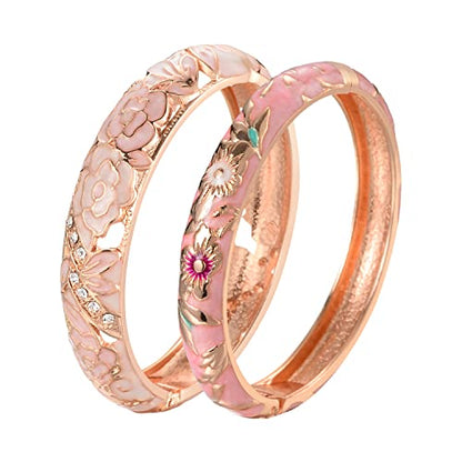 UJOY Cloisonne Bangle Colorful Enamel Filigree Rose Flower Hollowed Crystal Bracelet for Women Gifts 88A09 - color: C06-2 Pcs Set/Rose-Cream Pink
