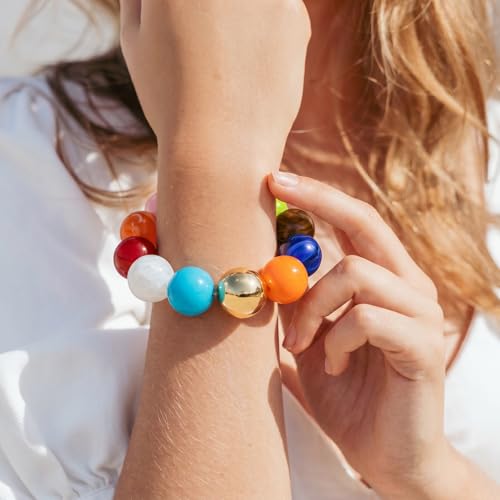 Multicolor Chunky Beaded Bracelet for Women Bold Acrylic Resin Stretch Bracelet Summer Beach Statement Bracelets Trendy Elastic Bangle Jewelry - color: Large bead bracelet-colorful