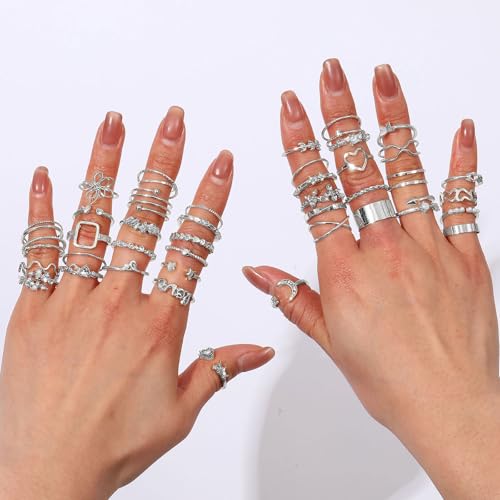 CHICUTIE Gold Knuckle Rings Set For Women Stackable Joint Finger Midi Rings Dainty Cubic Crystal Zirconia Simple Hollow Twist Cute Rings Pack Jewelry Gift - style: 46pcs Silver