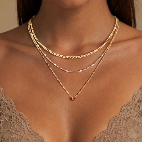 WomenGifts Layered Gold Necklaces for Women, 14K Gold Sterling Silver Plated Dainty Pendant Necklace Set Non Tarnish, Chunky Stackable Cuban Chain Choker, Trendy Birthstone Vacation Jewelry Gift - color: Gold, style: Cubic Zirconia-Created Ruby-July