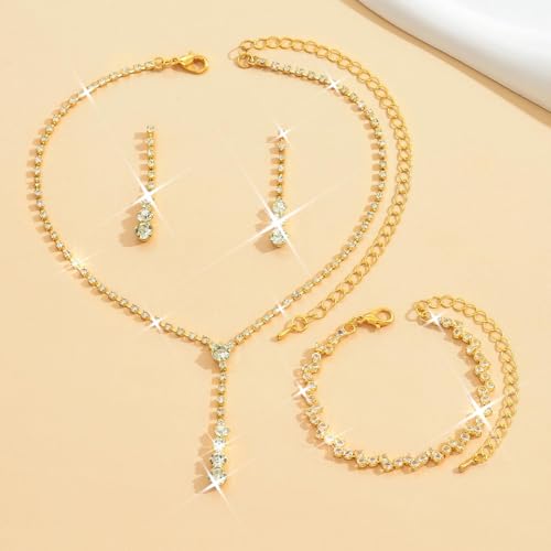Bride Silver Bridal Necklace Earrings Set Crystal Wedding Jewelry Set Rhinestone Choker Necklace for Women and Brides - color: D Gold