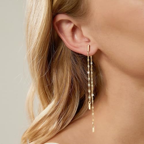 Robaice 14K Gold Plated Dangle Earrings for Women, Long Drop Earrings | Dainty Tassel Earrings Trendy, Hypoallergenic Dangling Lip Block Snake Chain, Threader Earrings for Women, Jewelry Gifts - color: Gold 4