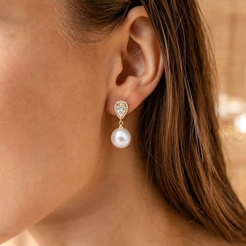 Pearl Earrings for Women Trendy, 14k Gold Plated Freshwater CZ Leaf Pearl Dangle Drop Gold Earrings Lightweight Hypoallergenic Stud Earring Bridesmaid Wedding Gold Jewelry for Women Gifts - style: cz big pearl earrings