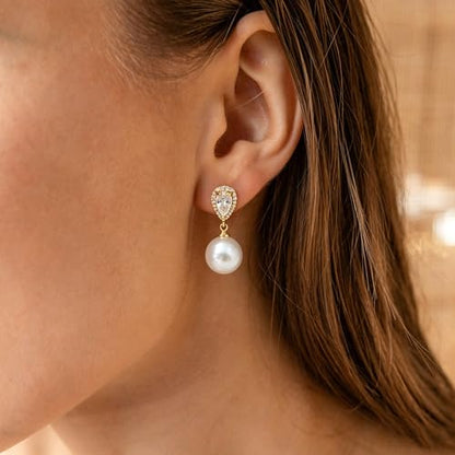 Pearl Earrings for Women Trendy, 14k Gold Plated Freshwater CZ Leaf Pearl Dangle Drop Gold Earrings Lightweight Hypoallergenic Stud Earring Bridesmaid Wedding Gold Jewelry for Women Gifts - style: cz big pearl earrings