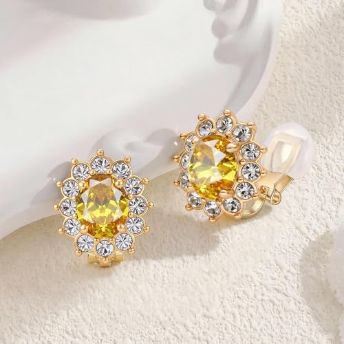 EVEVIC Oval Austrian Crystal Halo Clip On Earrings for Women | Oval Austrian Crystal with Zircon Halo,14K Gold-Plated,Silicone Comfort Pad,Gift Box Included,For Daily and Evening Events - color: Citrine