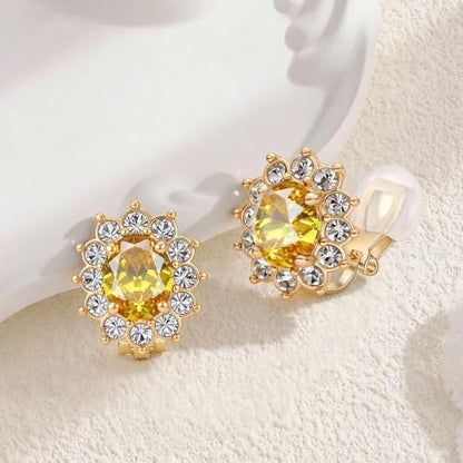 EVEVIC Oval Austrian Crystal Halo Clip On Earrings for Women | Oval Austrian Crystal with Zircon Halo,14K Gold-Plated,Silicone Comfort Pad,Gift Box Included,For Daily and Evening Events - color: Citrine