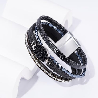 Boho Leather Wrap Bracelets Beaded Stackable Cuff Bracelet Country Concert Outfits Cowboy Cowgirl Western Jewelry Gifts for Women - color: Stone-Black