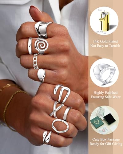 ZHESHY Chunky Gold Rings for Women Non Tarnish 14K Gold/Silver Plated Stackable Stacking Rings Set Thumb Signet Statement Ring Band Jewelry Gift - color: Silver