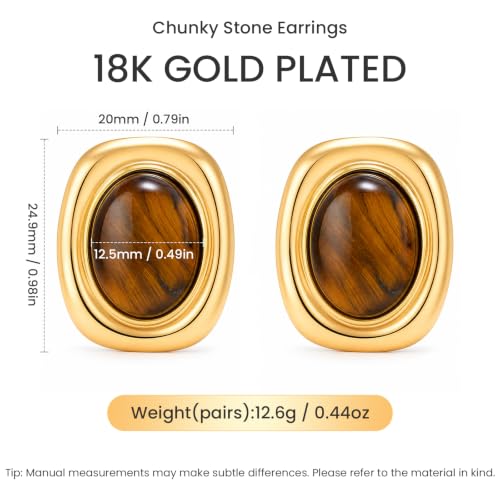 Chunky Gold Stud Earrings for Women 18K Gold Plated Hypoallergenic Chunky Statement Earrings Big Natural Crystal Stone Earring Gift for Women - color: Tiger Eye