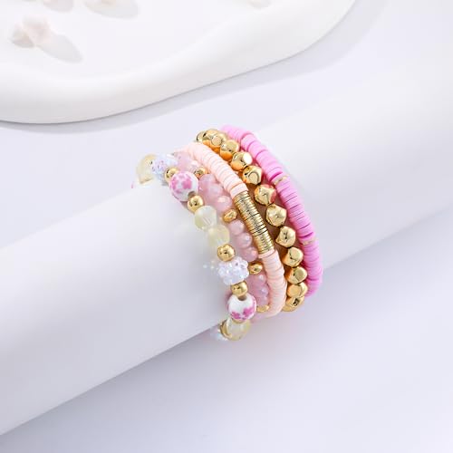 Summer Surfer Heishi Bracelet Set for Women Stackable Gold Plated Clay Ploymer Bead Stretch Pink Beach Layering Bracelets Jewelry - color: B-A3