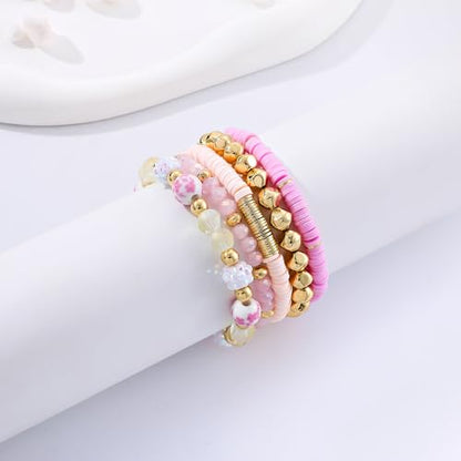 Summer Surfer Heishi Bracelet Set for Women Stackable Gold Plated Clay Ploymer Bead Stretch Pink Beach Layering Bracelets Jewelry - color: B-A3