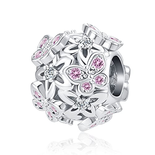 Butterfly Flower Garden Charm Magnolia Bloom Crystal Opennwork Enamel Bead for Pandora Charm Bracelet - style: Pink Pansy Flower