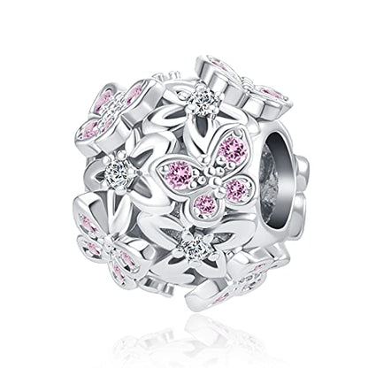 Butterfly Flower Garden Charm Magnolia Bloom Crystal Opennwork Enamel Bead for Pandora Charm Bracelet - style: Pink Pansy Flower