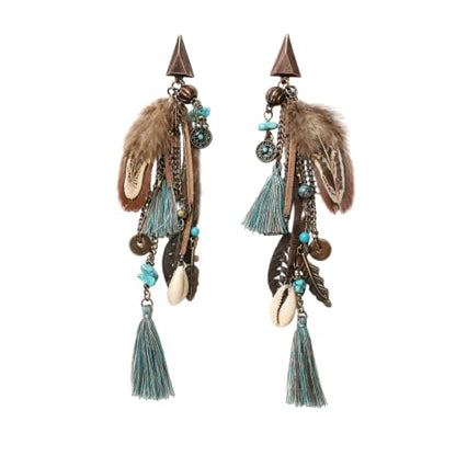 Boho Feather Tassel Earrings,Ethnic Vintage Bohemian Retro Turquoise Beaded Dangle Drop Earrings,Long Vintage Shell Statement Jewelry Gift Country Concert and Summer Festival Accessories