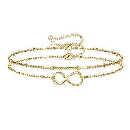 Dainty Gold Bracelets for Women, 14K Gold Plated Adjustable Layered Beads Bracelet Cute Evil Eye Oval Chain Pearl Bar Turtle Gold Bracelets for Women Jewelry - style: Infinity&Beads Chain