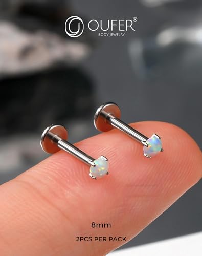 OUFER 2PCS 16G/20G Nose Lip Studs, G23 Solid Titanium Threadless Push in Nose Nostril Lip Labret Medusa Monroe Helix Cartilage Tragus Conch Lobe Piercing Jewelry for Women Men - color: Silver bar, Claw Opal, size: 2pcs, 16g 8mm, 2.5mm Opal
