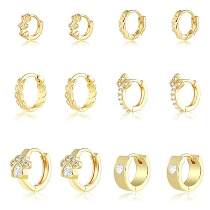 Wgoud Small Gold Hoop Earrings Set for Women, 6 Pairs 14K Gold Plated Hypoallergenic Lightweight Huggie Hoops Earrings, Trendy Cartilage Cubic Zirconia Earrings for Women Gifts. - color: D-Gold hoops