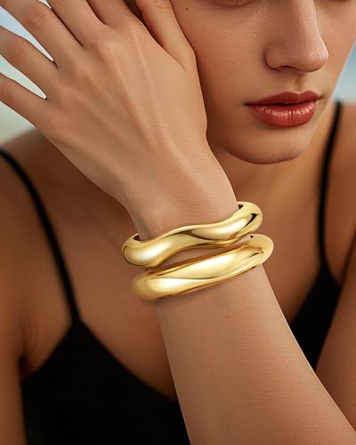 Chunky Gold Bangle Bracelets for Women, Gold Twist Cuff Bracelet | Trendy Stackable Bangles Set Fashion Jewelry Gifts - color: 2PCS Gold-C