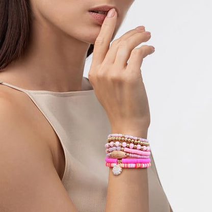 Summer Surfer Heishi Bracelet Set for Women Stackable Gold Plated Clay Ploymer Bead Stretch Pink Beach Layering Bracelets Jewelry - color: A-Pink Watermelon shell charm 7pcs