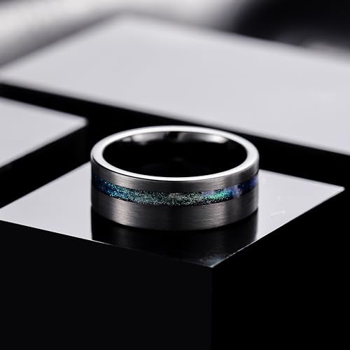 King Will Tungsten Rings for Men with Galaxy Shell Sand Meteorite Inlay | Black, 8mm, Brushed, Pipe Cut, Shell inlay, Everyday Wear - color: Blue Green