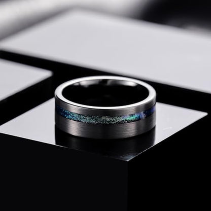 King Will Tungsten Rings for Men with Galaxy Shell Sand Meteorite Inlay | Black, 8mm, Brushed, Pipe Cut, Shell inlay, Everyday Wear - color: Blue Green