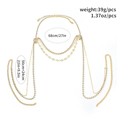 Rhinestone Tassel Shoulder Chain Necklace,Multi-Layered Rhinestone Shoulder Arm Chain Sexy Rave Crystal Fringe Back Chain Bridal Wedding Shoulder Body Jewelry for Women - color: Shoulder jewelry& gold