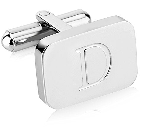 18K White-Gold Plated Initial Engraved Stainless Steel Men’s Cufflinks With Gift Box -Personalized Alphabet Letter’s A-Z By Lux & Pair - style: D- White Gold