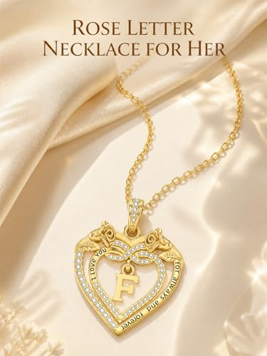 14K Gold Initial Letter Rose Heart Pendant Necklace for Women, Anniversary Birthday Jewelry Gifts for Wife Mom Grandma Sister Daughter, I Love You for Always And Forever - style: 14K Gold-F