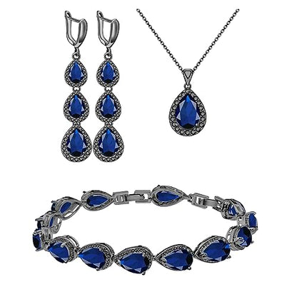 LMXXVJ Necklace Long Earrings Bracelet Set, White Gold Plated Created Blue Sapphire Jewelry Set Wedding Party Gift Jewelry for Women Bridal Bridesmaid - color: Black Gun-Blue