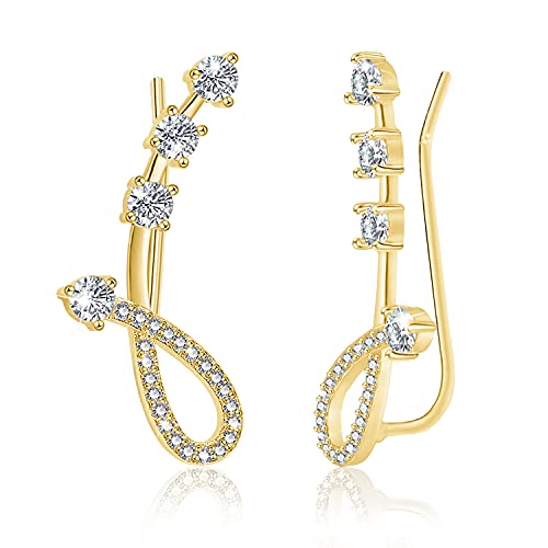 Cubic Zirconia Ear Climber Earrings - Sterling Silver Hypoallergenic Ear Crawler Earrings CZ Ear Cuff for Women,Gold