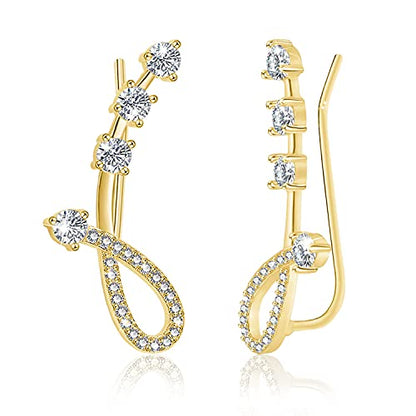 Cubic Zirconia Ear Climber Earrings - Sterling Silver Hypoallergenic Ear Crawler Earrings CZ Ear Cuff for Women,Gold