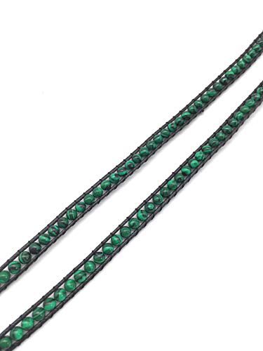 Handmade Alloy Leather Natural Stone Bead Statement Bracelet Bangle Cuff Rope 3 Wrap Adjustable Jewelry Collection - color: Synthetic Malachite & Black Leather Cord