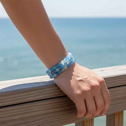 Bling Jewelry Unisex Stackable Set Of 3 Gemstone Round Bead 8MM Stretch Bracelet For Women Teen Men Multi Strand Stacking Adjustable - color: Blue Agate