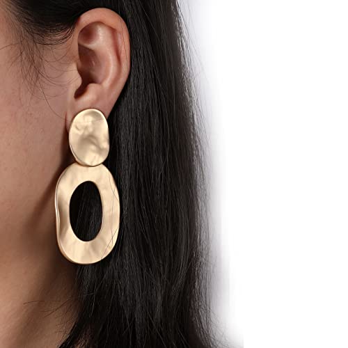Gold Metal Clip On Earrings for Women Non Pierced Dangle Drop Earrings Multiple Styles - color: gold oval hollow
