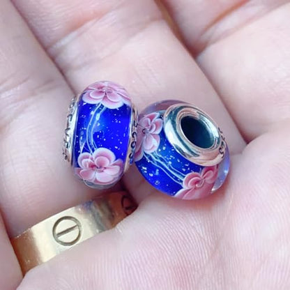 2pcs Authentic 925 Silver Murano Glass Flower Charms for Pandora Bracelets - color: 02-Pink flowers