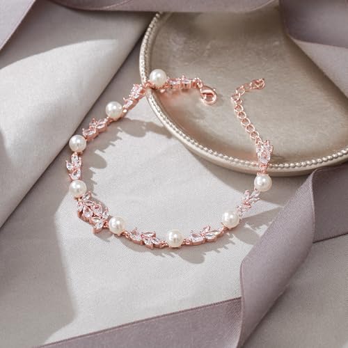 EVER FAITH Gorgeous Cubic Zirconia Pearl Wedding Link Bracelet for Bride | Marquise Teardrop Crystal Bridal Prom Jewelry, for Women Bridesmaids - style: Leaf_Clear Rose Gold-Tone