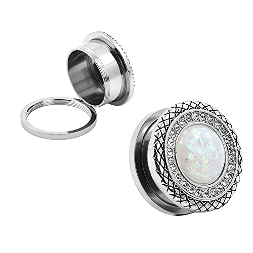 Qmcandy 2pcs 2G-1 inch Stainless Steel Mother of Pearl or Opal Screw Ear Plugs Gauges Piercing - color: A White Opal 7/8"(22mm)