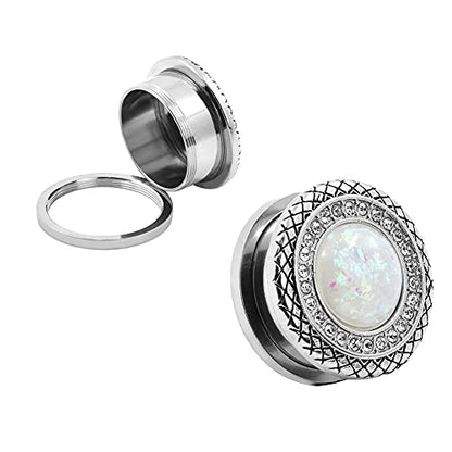 Qmcandy 2pcs 2G-1 inch Stainless Steel Mother of Pearl or Opal Screw Ear Plugs Gauges Piercing - color: A White Opal 7/8"(22mm)