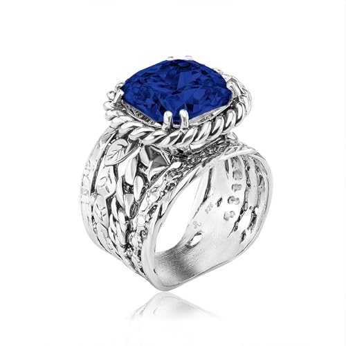 JEAN RACHEL JEWELRY 925 Sterling Silver Braid Leaf Cushion Ring | Ornate statement ring beautifully adorned with sculpted leaf motifs, twisted rope braids, and a CZ center stone. - color: Sapphire CZ